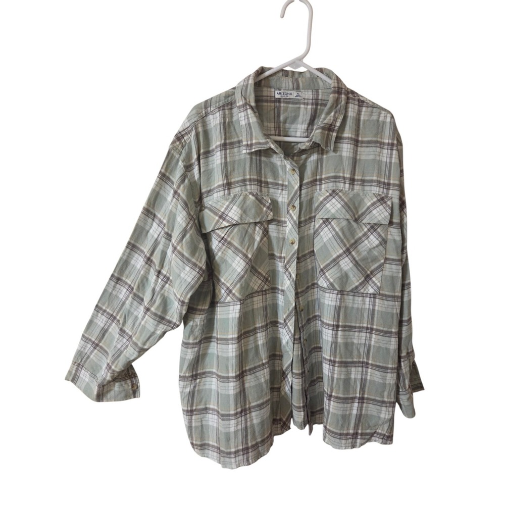Arizona Green Gray Plaid Oversized Button Up Cotton Flannel Top XL NWT